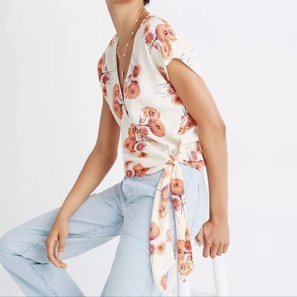 Madewell Shirt Womens Small Cream Orange Sash Tie Wrap Top Dutch Dandelion Print - Picture 8 of 10